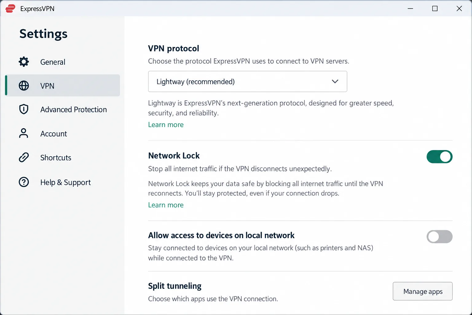 The ExpressVPN Windows app settings screen with the Network Lock kill switch enabled and the Lightway protocol selected.