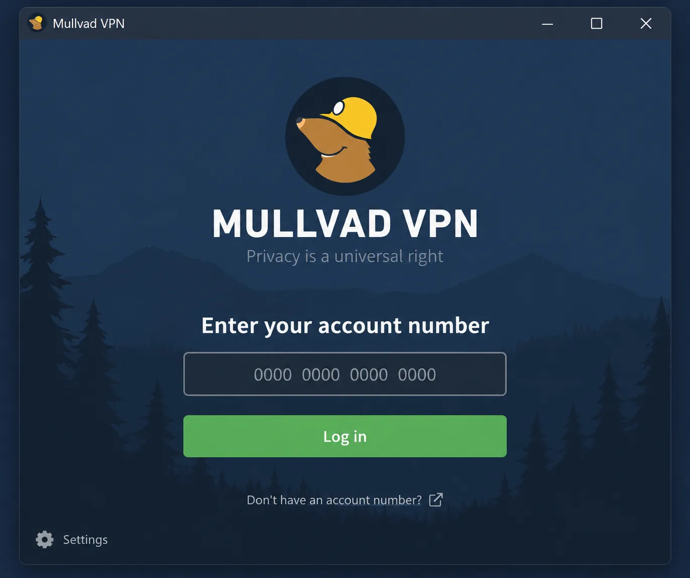 The Mullvad VPN desktop app login screen asking only for a 16-digit account number, with no email or password fields.