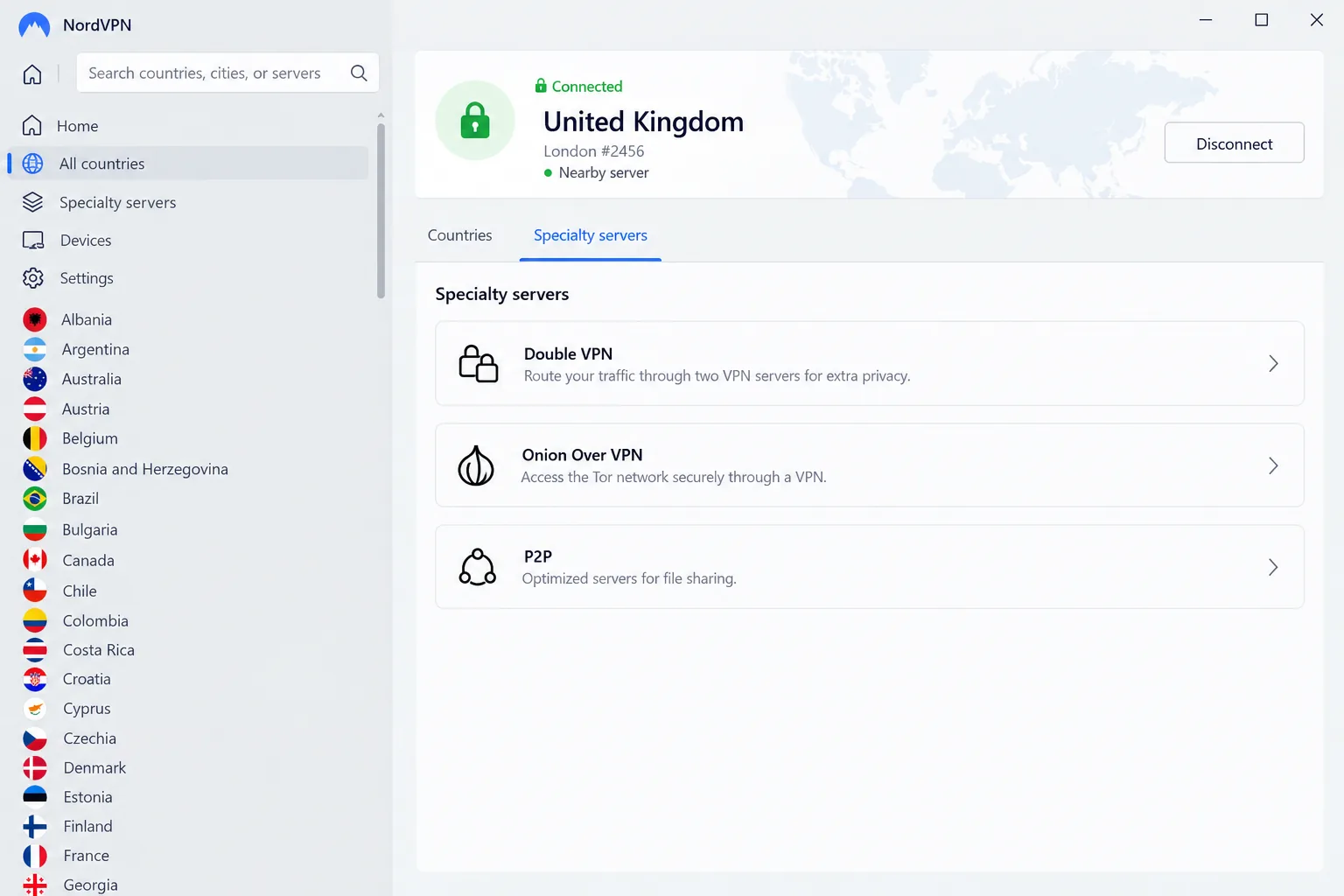 The NordVPN Windows app in list view with a nearby server connected, showing the country list on the left and the specialty servers section for Double VPN and Onion Over VPN.