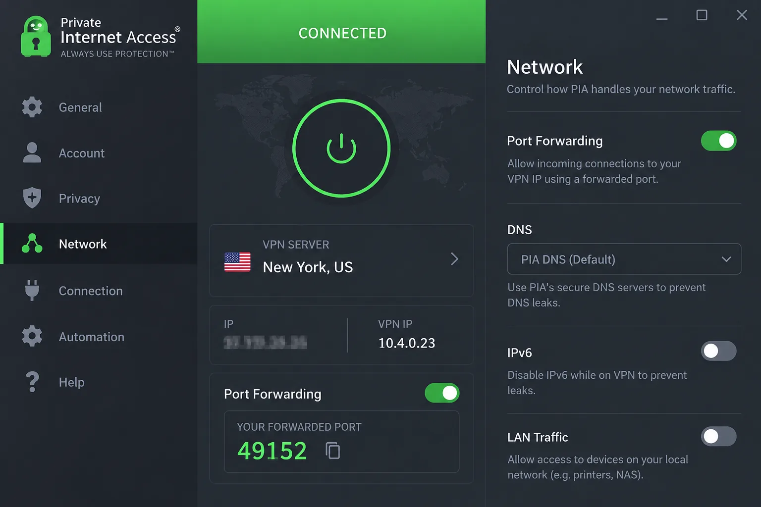 The Private Internet Access desktop app's network settings with the port forwarding toggle switched on and the forwarded port number shown on the main screen.