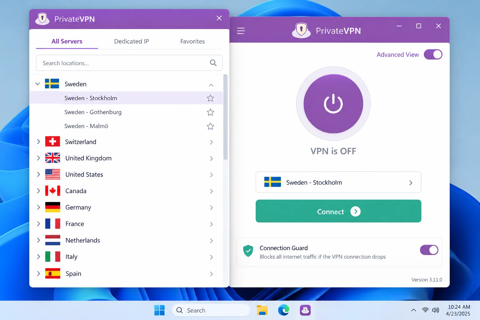 The PrivateVPN Windows app in Advanced View, showing the server list window open on top of the main connect screen with the Connection Guard kill switch toggle visible.