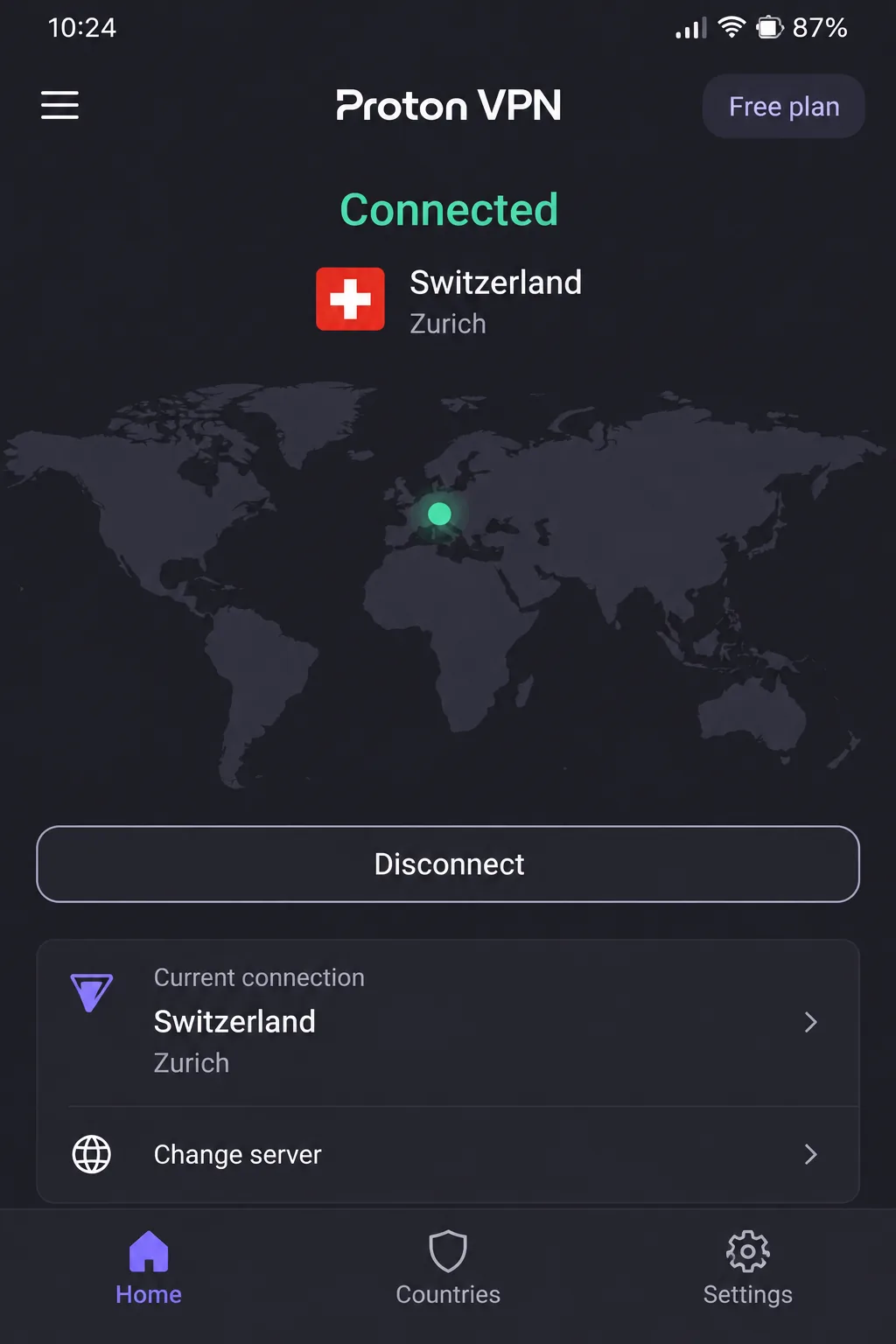 The Proton VPN app on the free plan after Quick Connect, showing an automatically assigned server country and the free-plan label with no data meter.