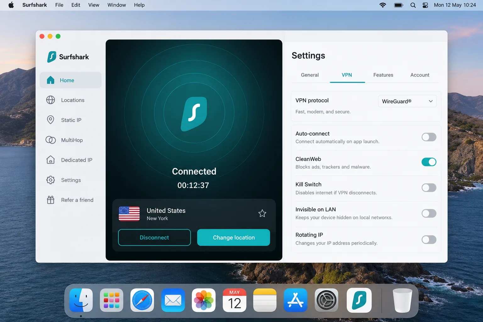 The Surfshark macOS app connected to a US server from Europe, showing the connection timer, the WireGuard protocol label and the CleanWeb toggle in settings.