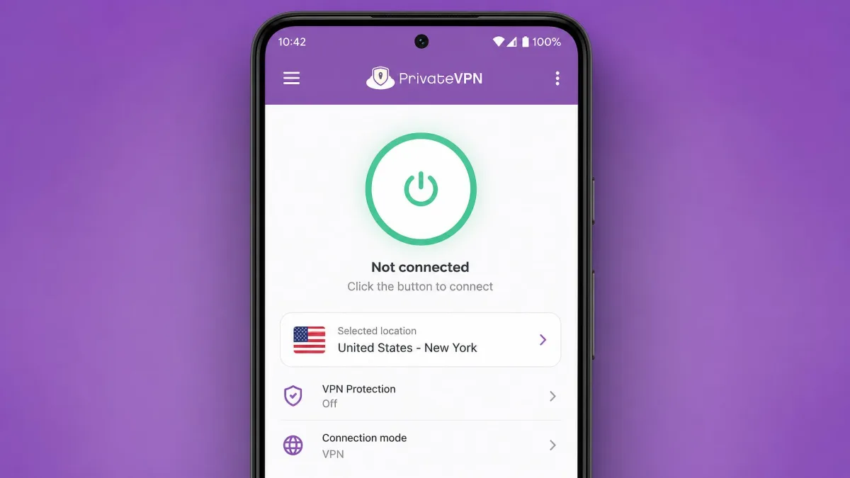 The PrivateVPN Android app connect screen on a phone showing a large connect button, the currently selected country, and a simple menu, illustrating the clean mobile interface.