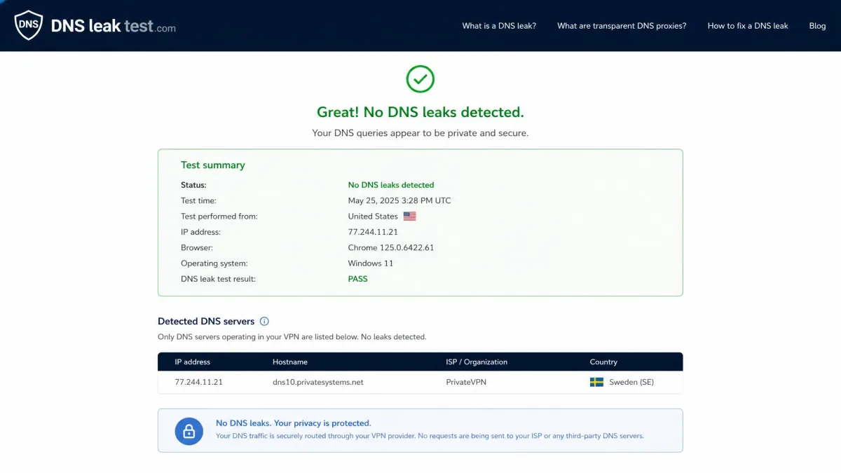A DNS leak test results page showing only the PrivateVPN server location and no exposed home DNS or IPv6 addresses, confirming a clean pass while connected.