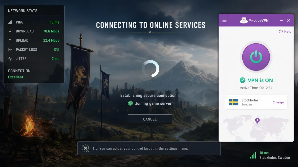 An online game connection screen with a network stats overlay showing low ping while PrivateVPN is connected to a nearby server.