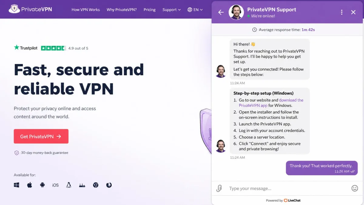 The PrivateVPN live chat support window on the website showing a human agent giving step-by-step setup instructions within a two-minute response time.