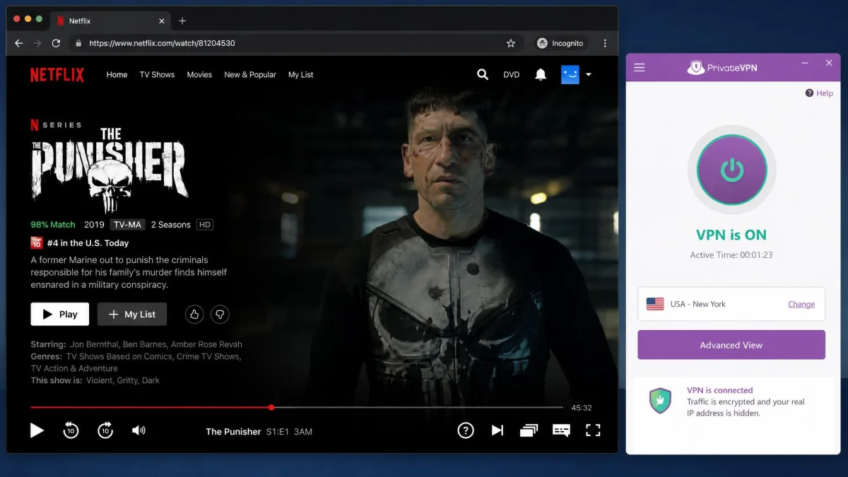 Netflix playing a US-only title in a browser with the PrivateVPN app connected to a New York server shown alongside, demonstrating successful unblocking.