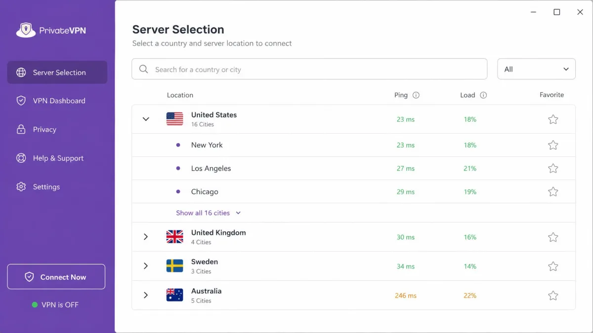 The PrivateVPN app server selection screen listing available countries and cities with a search box, showing entries such as United States, United Kingdom, Sweden and Australia.