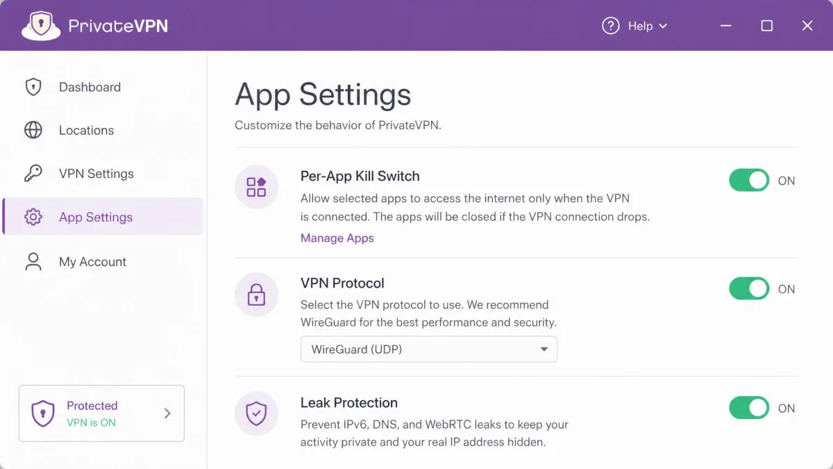 The PrivateVPN app settings screen showing the per-app kill switch toggle, protocol selection, and leak protection options all enabled.