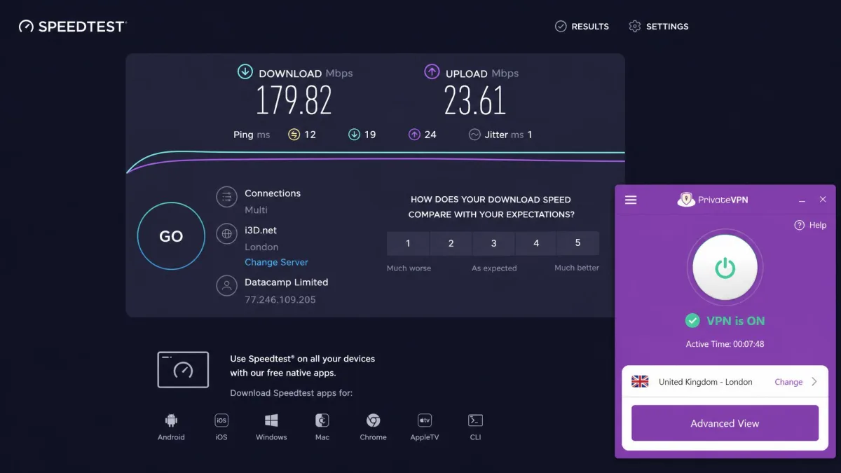 A Speedtest result screen run through PrivateVPN on a nearby server showing a download speed around 180 Mbps and low ping, with the PrivateVPN app connected in the corner.