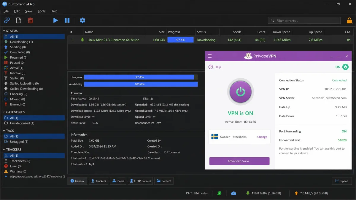 A torrent client downloading a 1.6 GB file at high speed with PrivateVPN connected and port forwarding enabled, the completed transfer showing in under fifteen minutes.