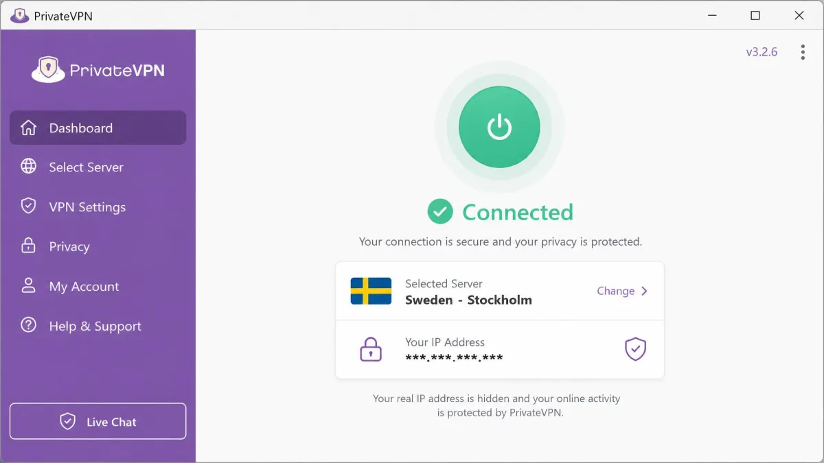The PrivateVPN Windows app showing a connected status with a green indicator, the selected Sweden server, and the current IP address hidden behind the VPN on the main dashboard.