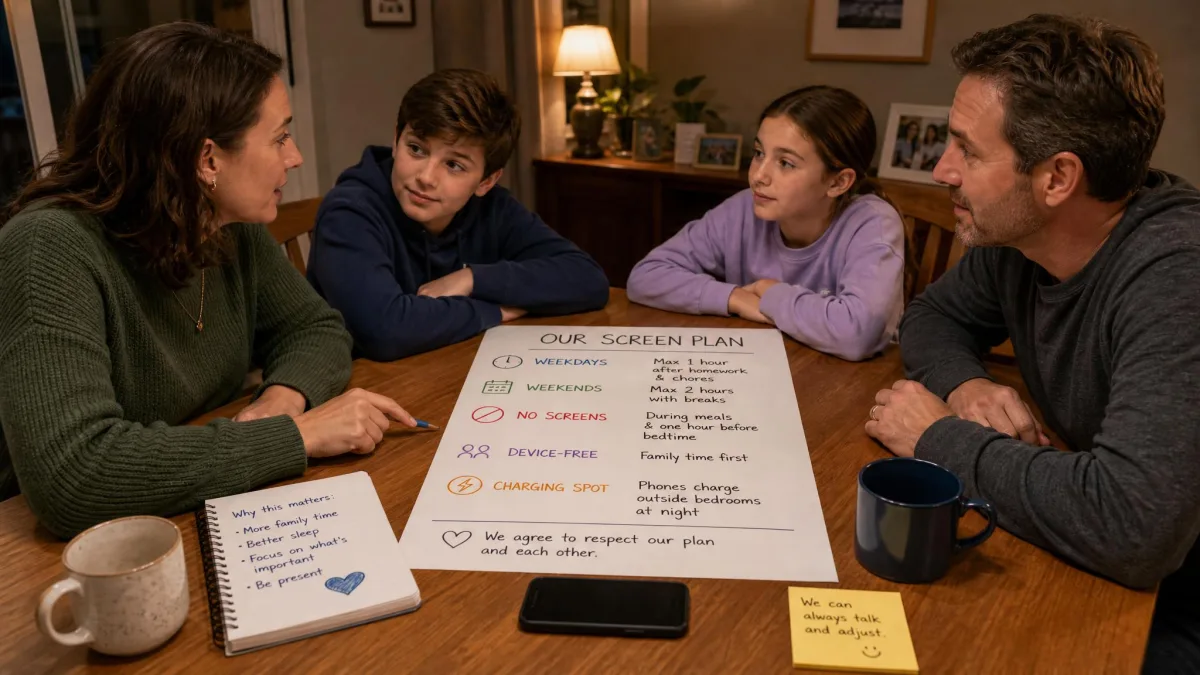 Family at a dinner table with a phone in the middle, discussing screen rules with a written plan.