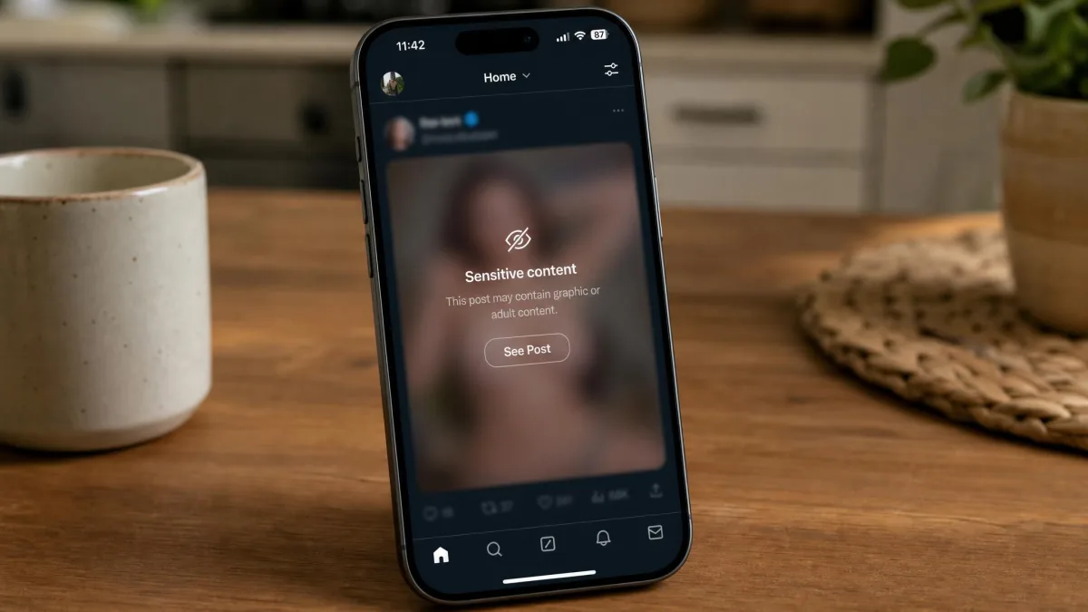 Smartphone feed with an adult-content warning overlay and a blurred post, on a kitchen table.