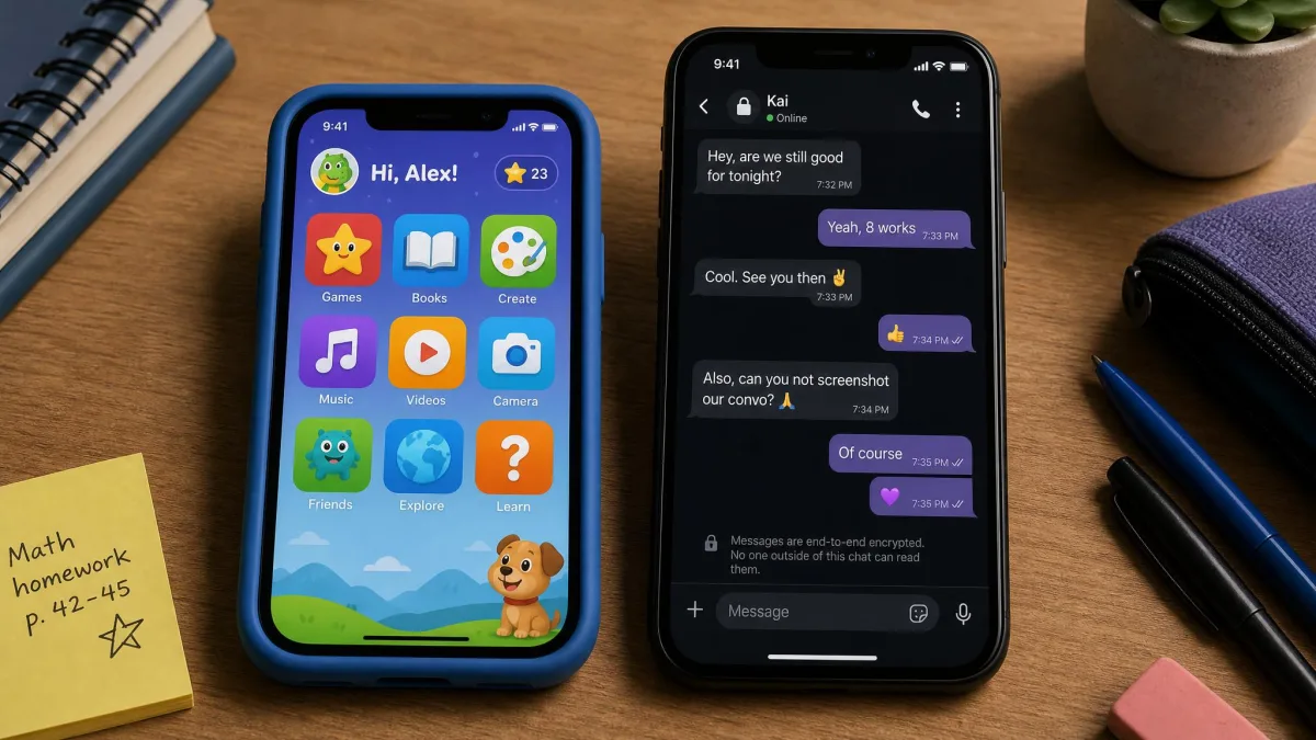 Two phones on a desk: a colorful app grid for a younger child and a private messaging app for an older teen.