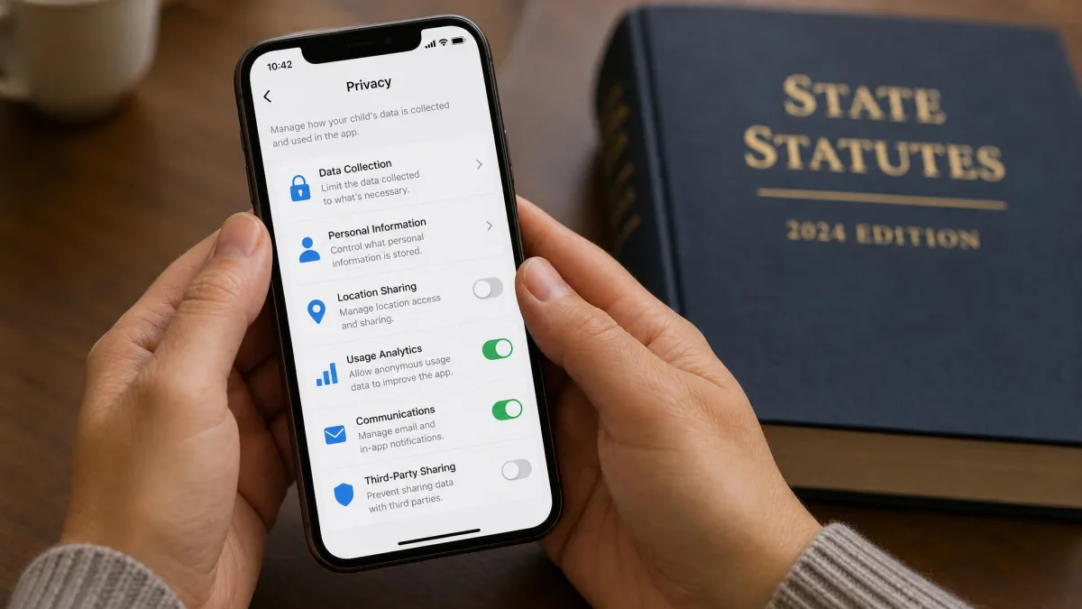 Parent's hands holding a smartphone with privacy settings open, a book of state statutes blurred behind.