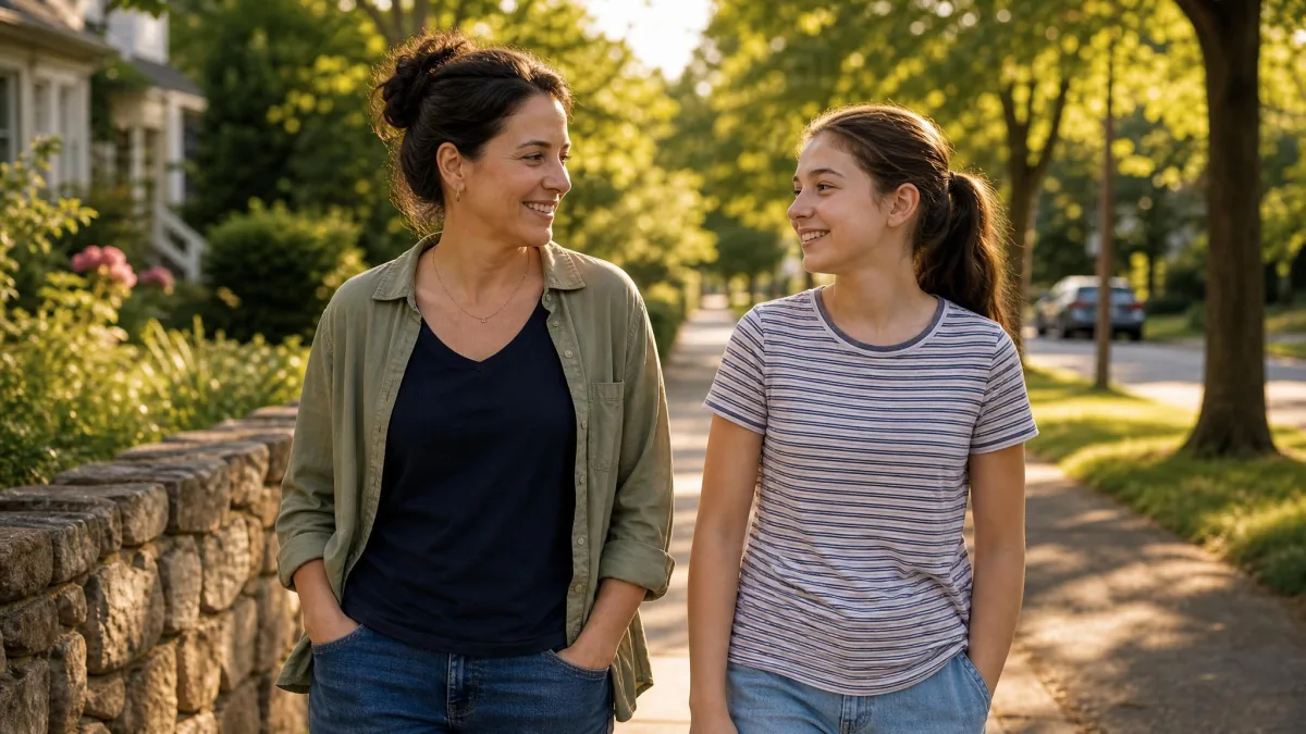 Parent and teen walking outside together, relaxed and phone-free, in warm afternoon light.