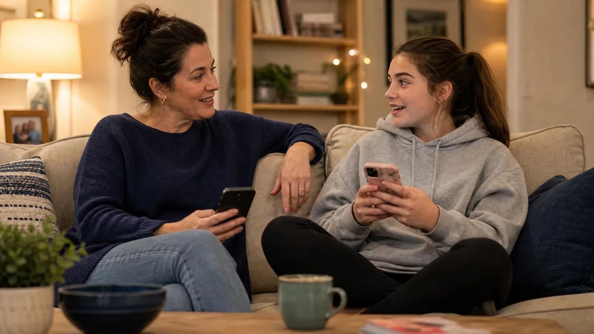 Parent and teenage daughter on a couch with phones, mid-conversation, warm light, relaxed rather than tense.