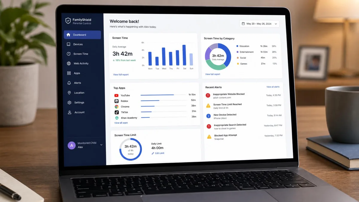Laptop showing a parental monitoring dashboard with screen-time charts and an alert log.