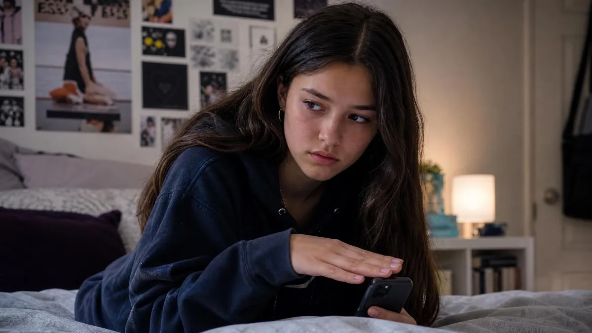 Teen girl glancing at her phone with a guarded expression, hand resting over the screen.