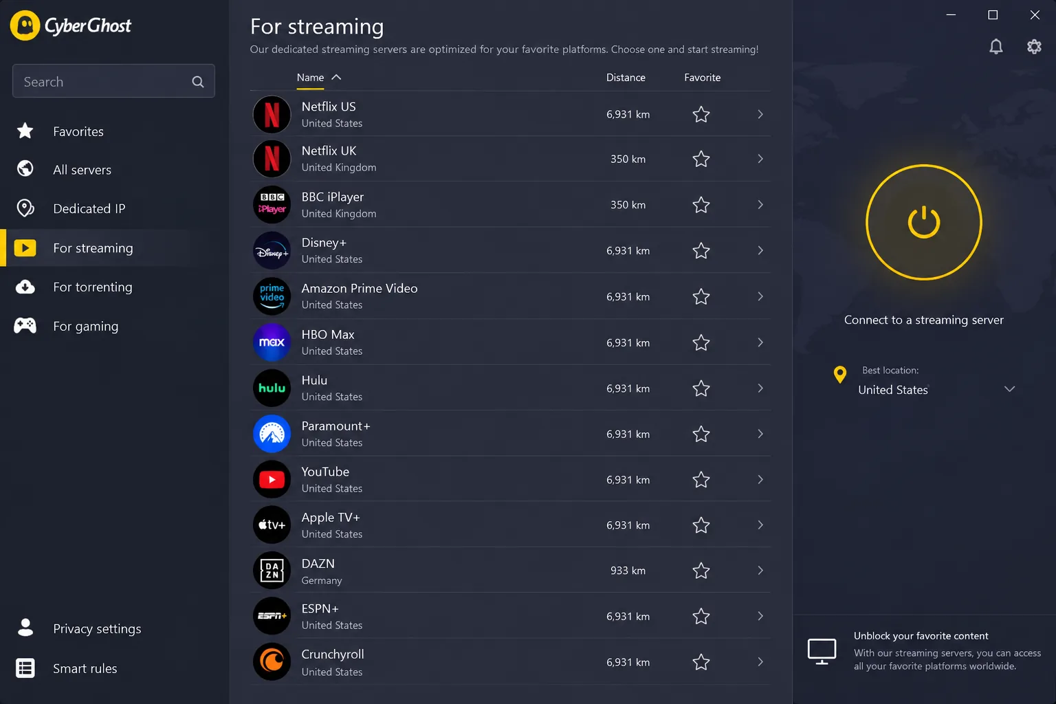 The CyberGhost Windows app's streaming server list, with servers labelled by platform such as Netflix US, BBC iPlayer and Disney+.