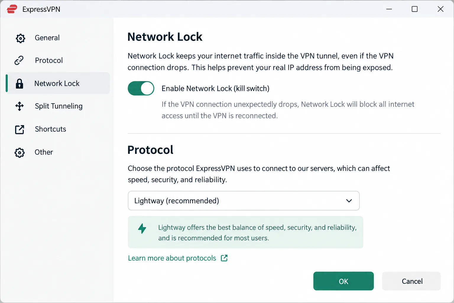 The ExpressVPN Windows app settings screen with the Network Lock kill switch enabled and the Lightway protocol selected.
