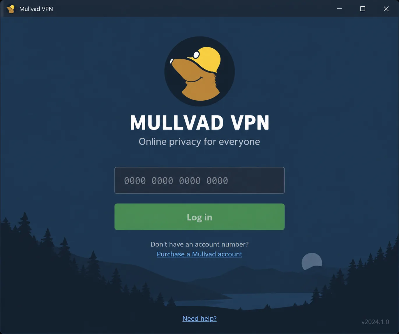 The Mullvad VPN desktop app login screen asking only for a 16-digit account number, with no email or password fields.