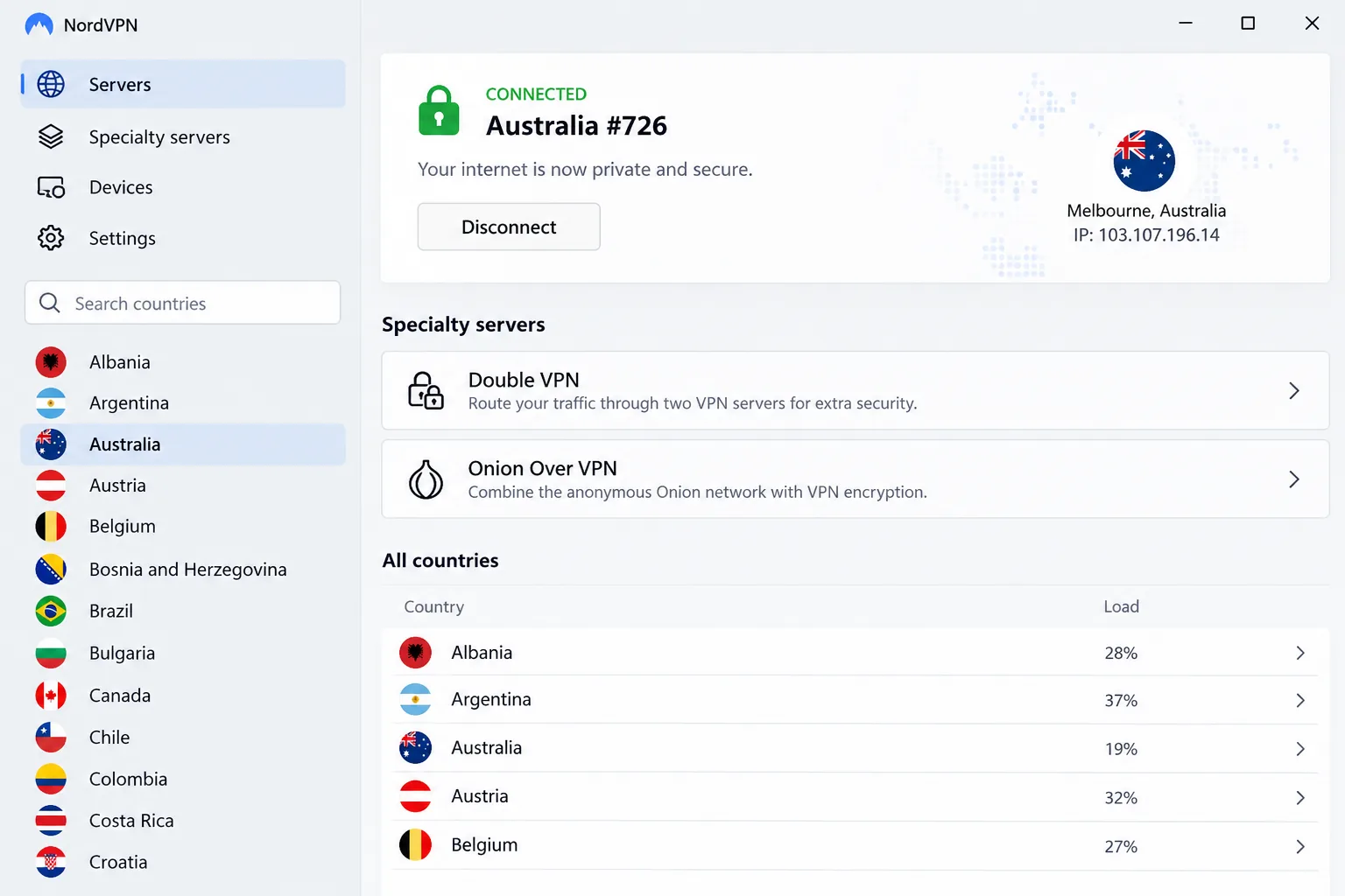 The NordVPN Windows app in list view with an Australia server connected, showing the country list on the left and the specialty servers section for Double VPN and Onion Over VPN.