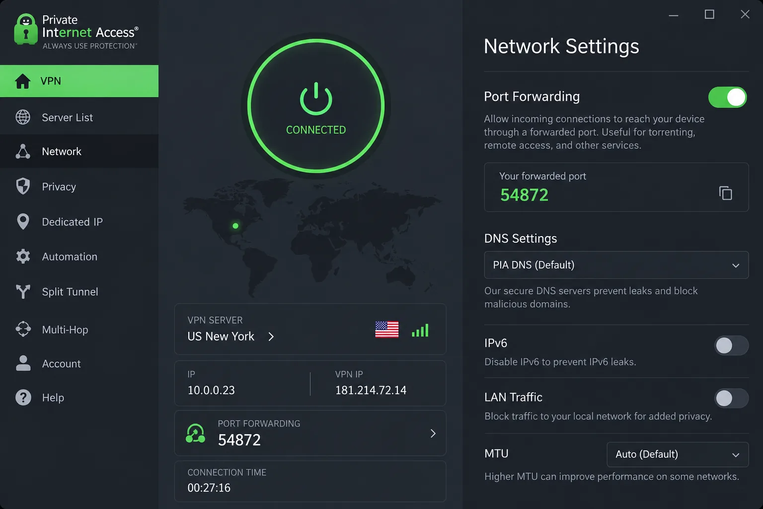 The Private Internet Access desktop app's network settings with the port forwarding toggle switched on and the forwarded port number shown on the main screen.