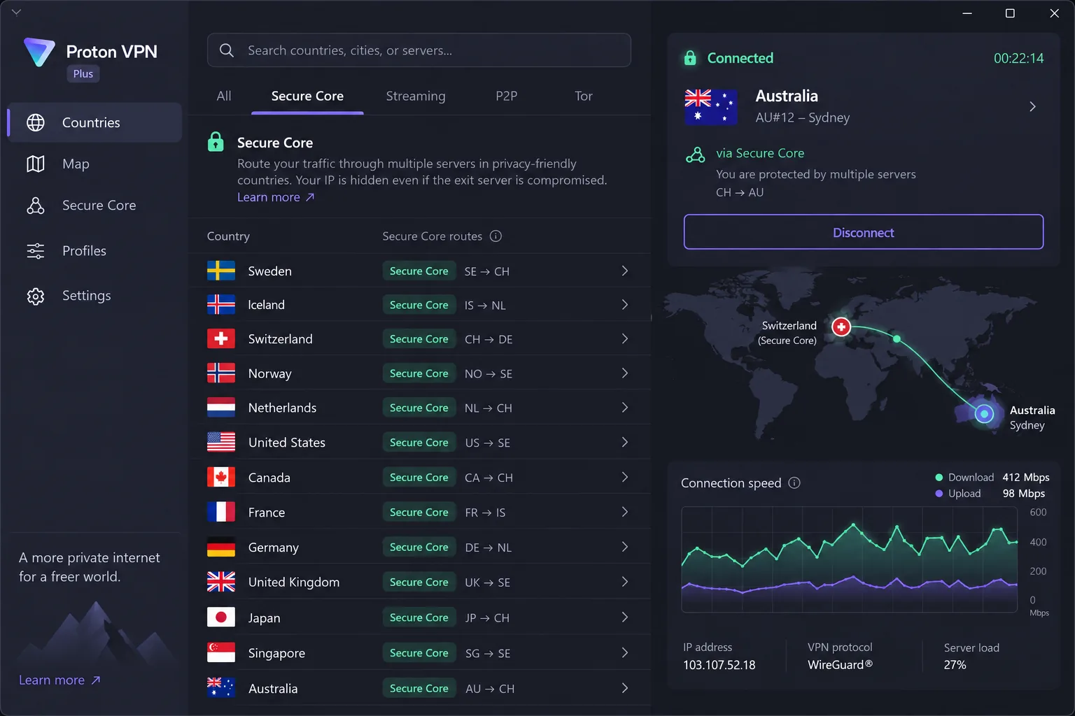 The Proton VPN desktop app on a paid plan, showing the country list with Secure Core multi-hop servers highlighted and the speed graph for an active connection to Australia.