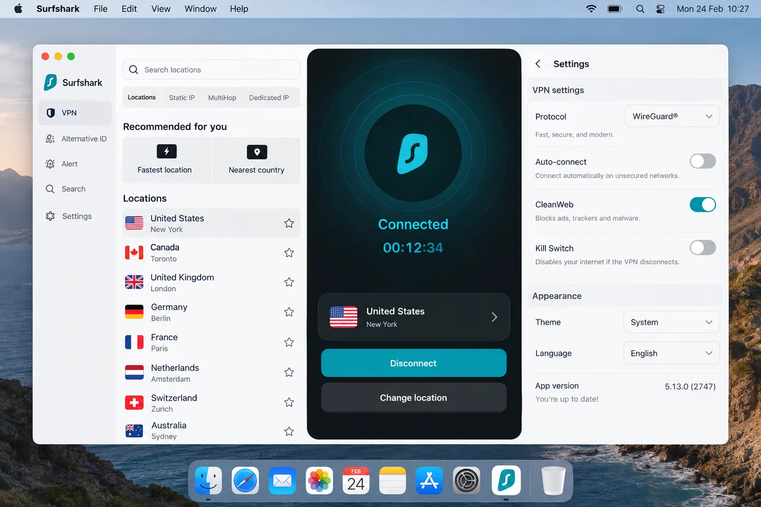 The Surfshark macOS app connected to a US server from Europe, showing the connection timer, the WireGuard protocol label and the CleanWeb toggle in settings.