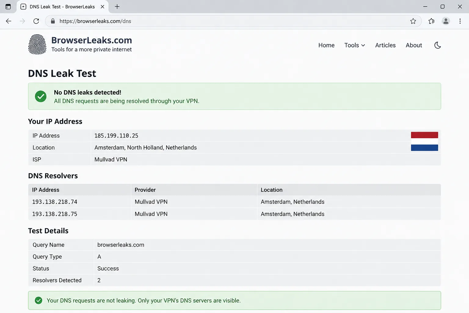 A browser DNS leak test page showing only the VPN server's IP address and DNS resolvers, with no home connection details visible.