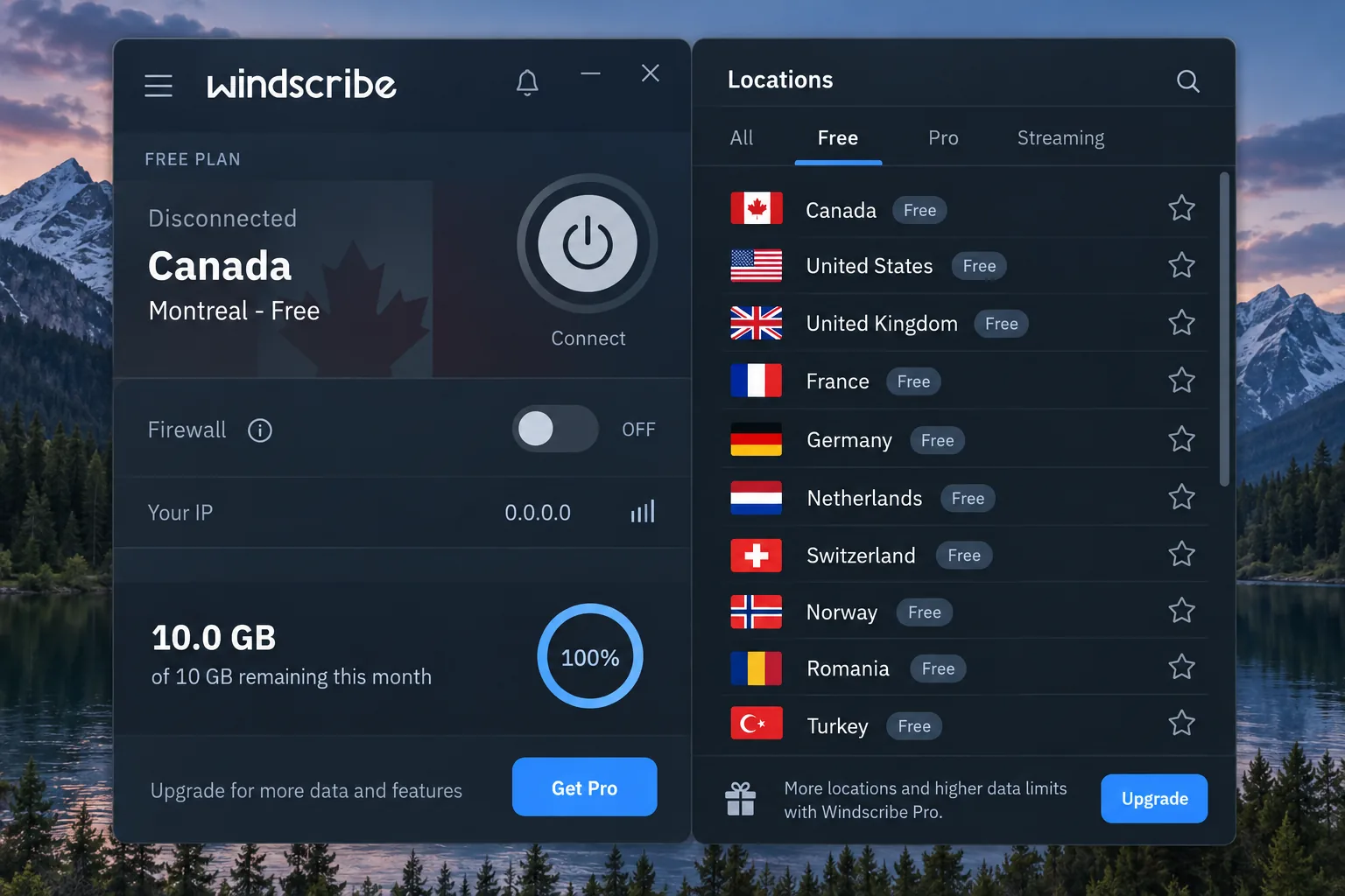 The Windscribe desktop app on the free plan, showing the location list with free server countries selectable and the remaining monthly data allowance in the bottom corner.