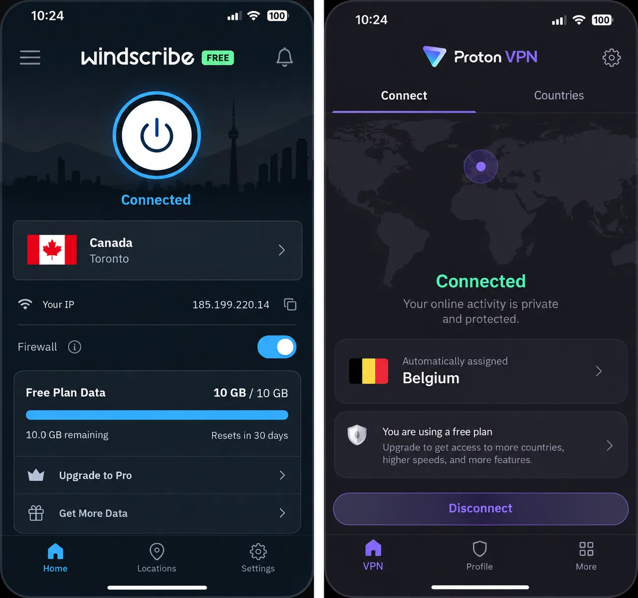 Side-by-side phone screenshots of the Windscribe free plan with its 10GB data meter and the Proton VPN free plan with its automatically assigned server country.