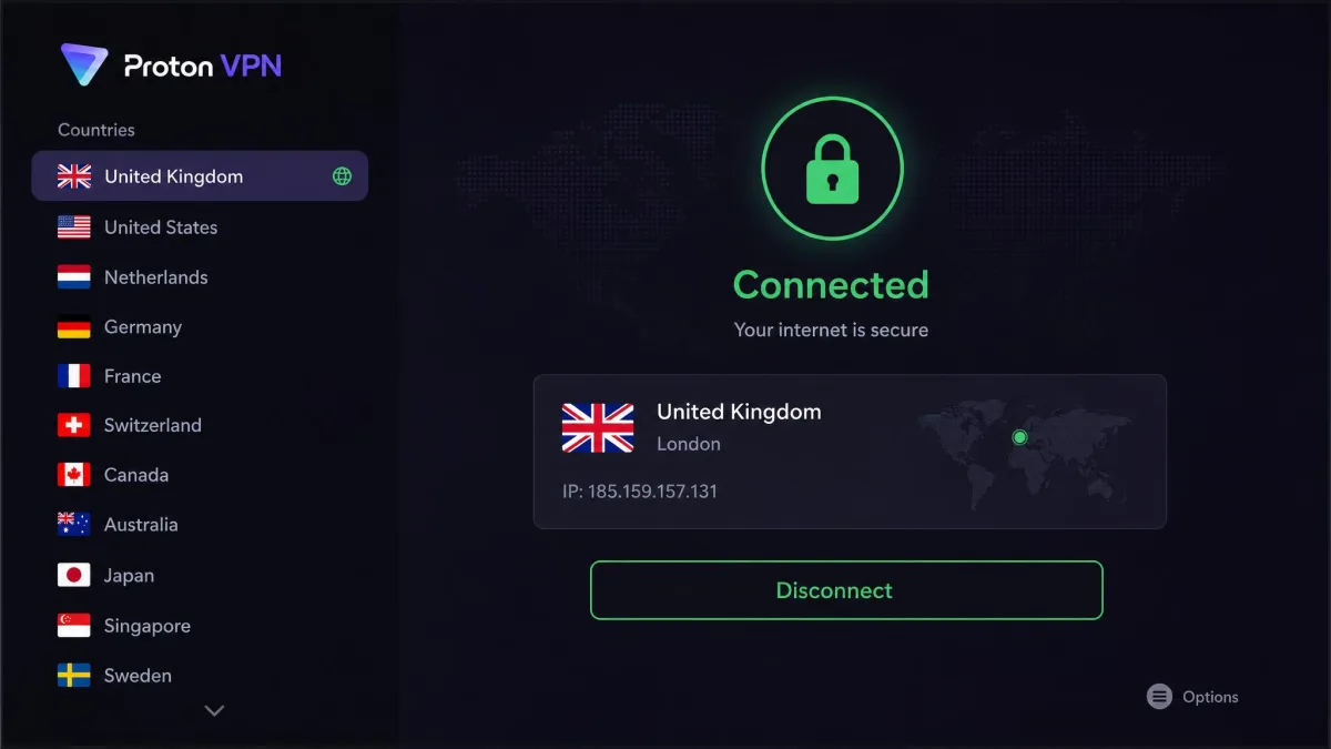 Proton VPN app on a Fire TV Stick connected to a United Kingdom server, with the country list on the left and the green connected status and Disconnect button on the right.