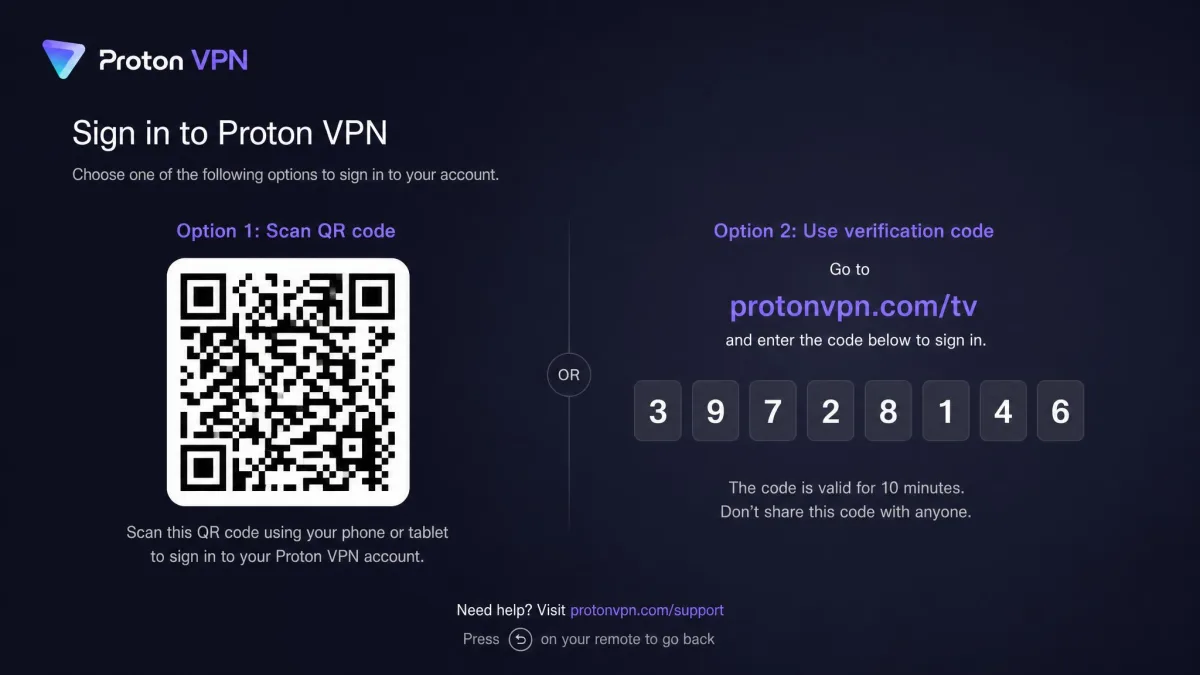 Proton VPN Fire TV app sign-in screen showing a QR code on the left and an 8-digit verification code with instructions to visit protonvpn.com/tv on the right.