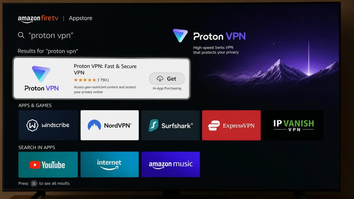 Amazon Fire TV Appstore search results for "proton vpn" on a TV screen, with the Proton VPN app tile highlighted and the Get button ready to select.