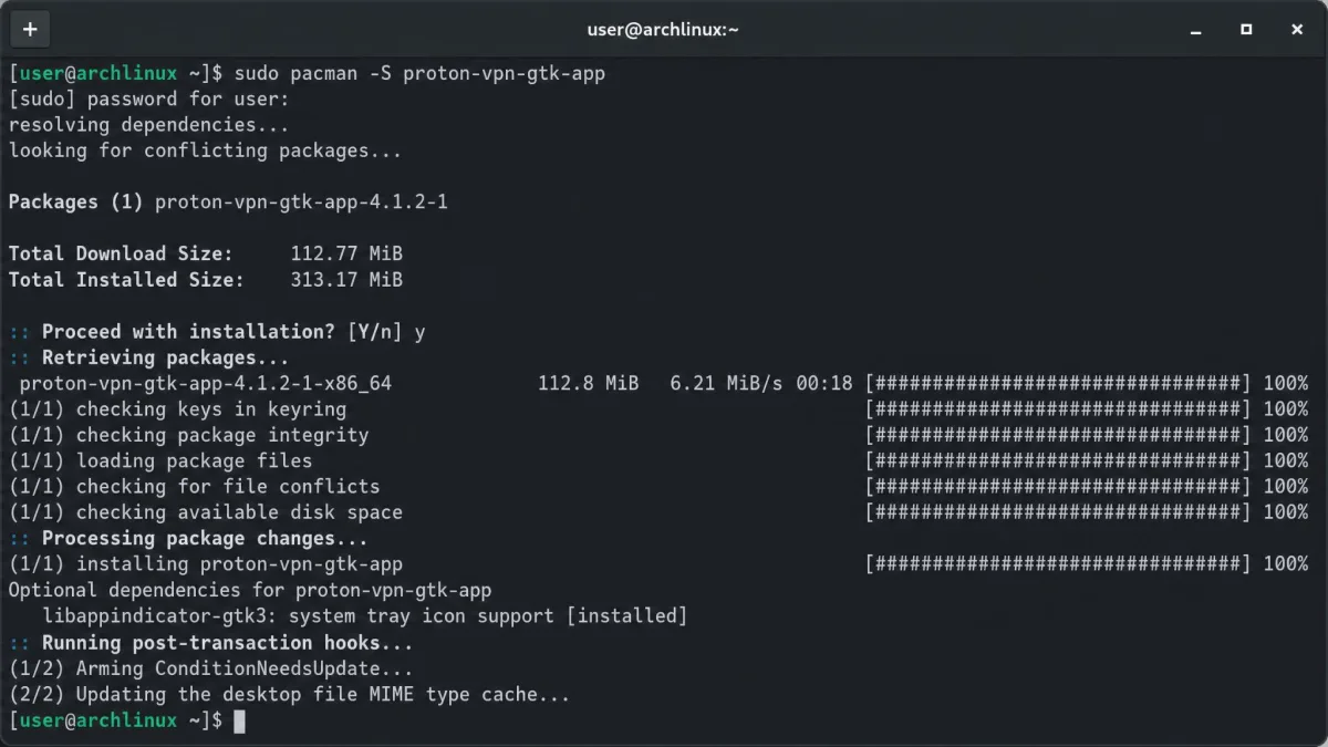 An Arch Linux terminal running sudo pacman -S proton-vpn-gtk-app, with the package resolved from the extra repository.