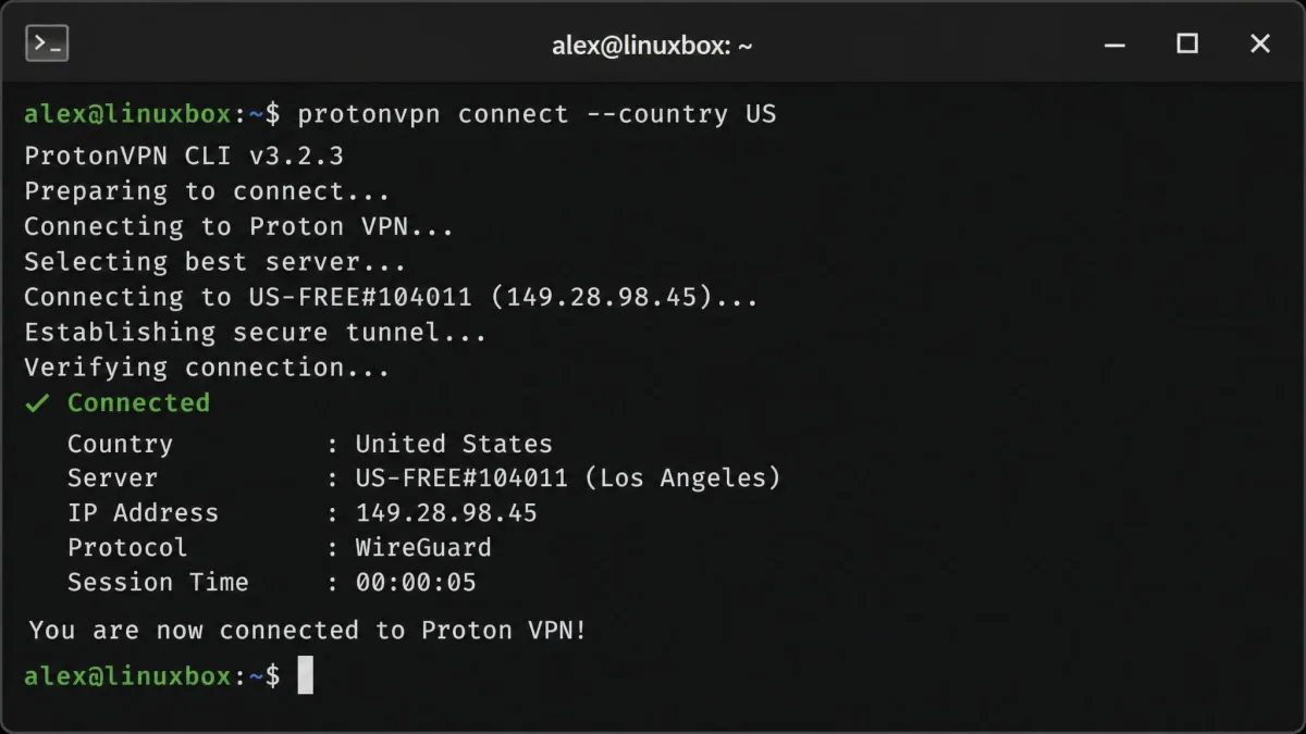 A Linux terminal showing protonvpn connect --country US completing, with the CLI reporting the connected server name and the WireGuard protocol in use.