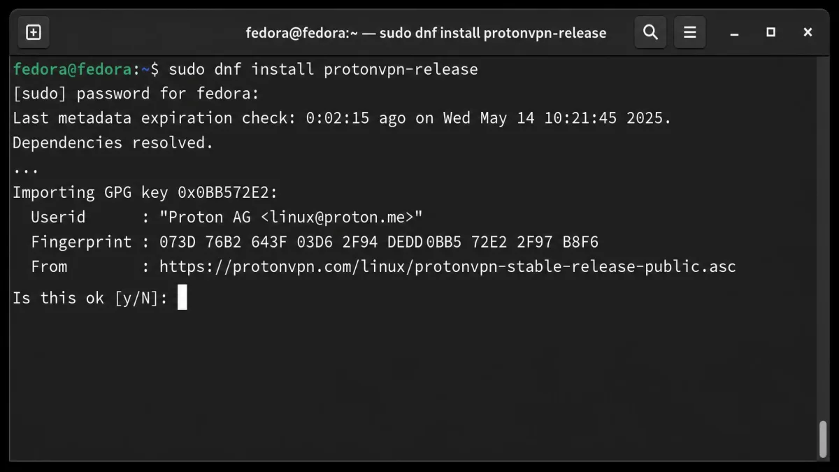 A Fedora terminal showing DNF's prompt to import the Proton VPN OpenPGP key with the key fingerprint shown above the confirmation.