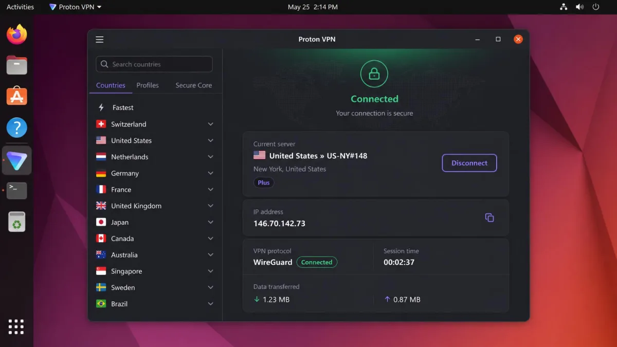The Proton VPN Linux app open on an Ubuntu GNOME desktop, showing the country list on the left and a connected status panel with the current server and IP address.