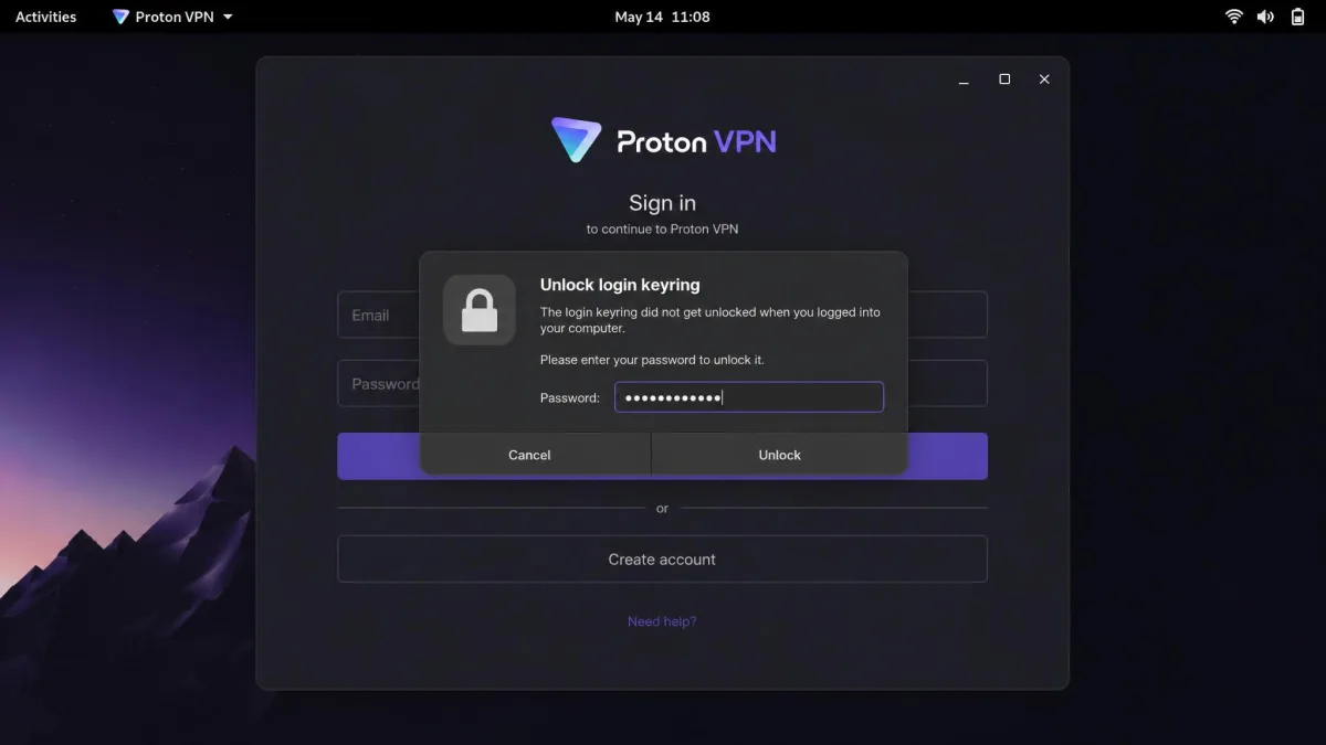 A GNOME keyring unlock dialog asking for the login keyring password in front of the Proton VPN sign-in screen.