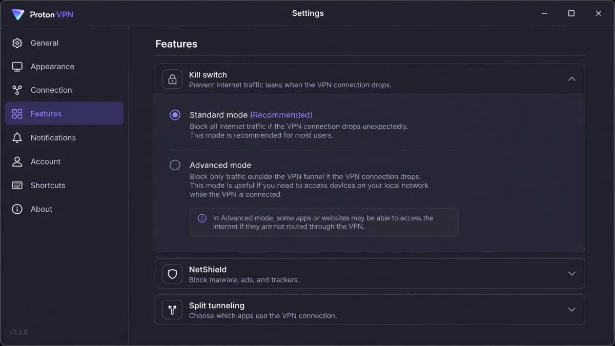 The Features tab of the Proton VPN Linux app's Settings window, with the Kill switch option expanded to show the standard and advanced modes.