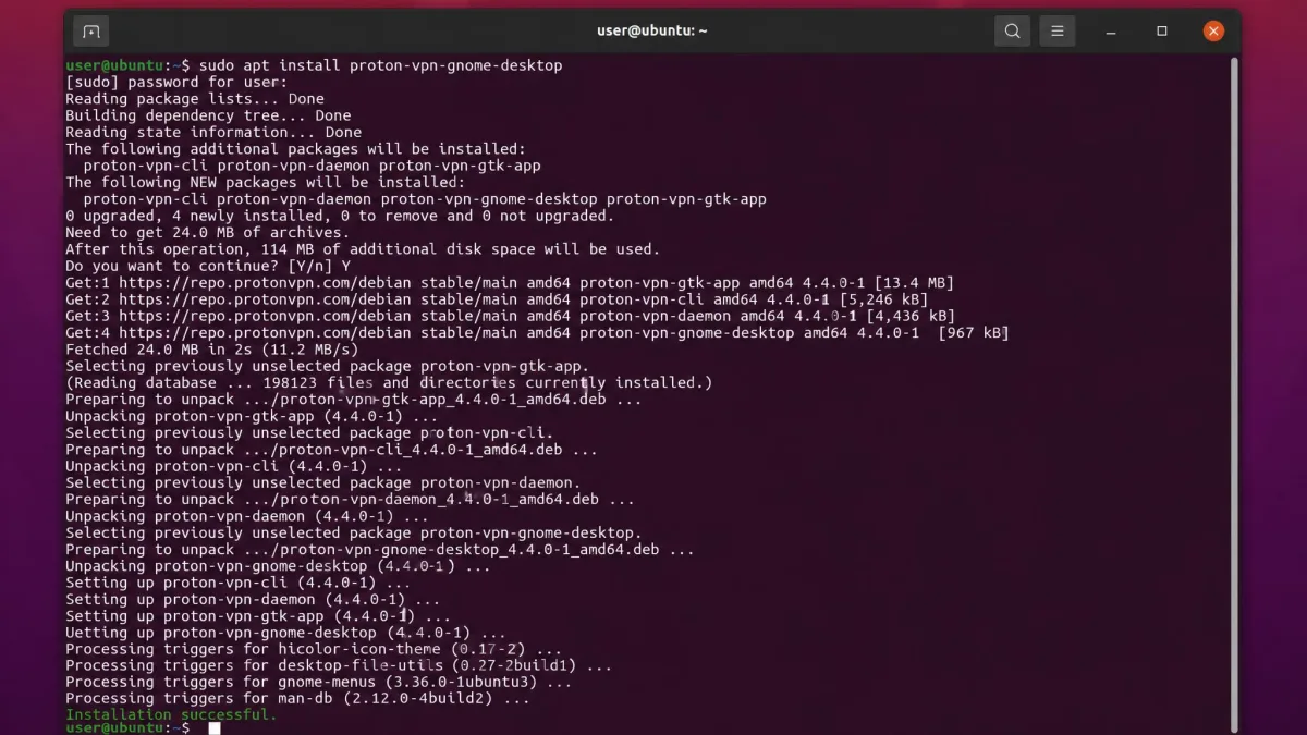An Ubuntu terminal window showing sudo apt install proton-vpn-gnome-desktop finishing successfully, with proton-vpn-gtk-app, proton-vpn-cli and proton-vpn-daemon listed among the installed packages.