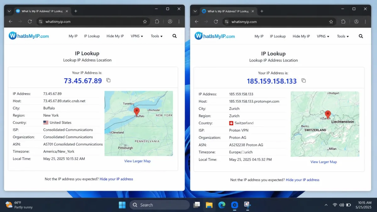 Two browser windows side by side showing an IP lookup with a home ISP address on the left and a Proton VPN server address in Switzerland on the right.