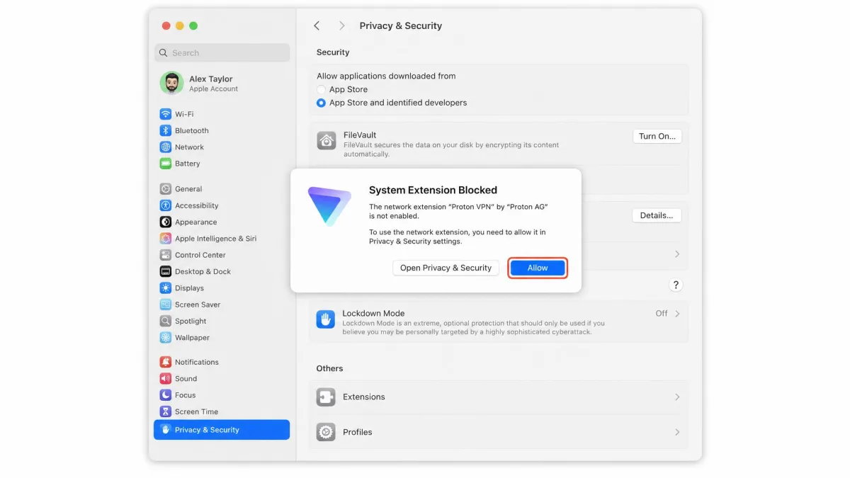 macOS System Settings on the Privacy and Security page with a prompt to allow the Proton VPN network extension and an Allow button highlighted.