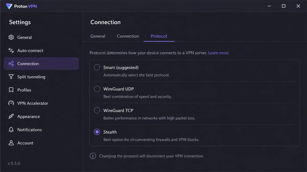 Proton VPN Windows app on the Settings, Connection, Protocol screen with Smart, WireGuard UDP, WireGuard TCP and Stealth listed and Stealth selected.