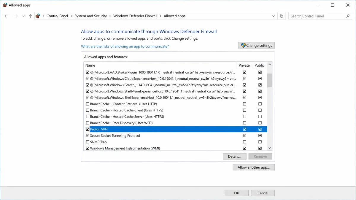 Windows Defender Firewall "Allowed apps" window with Proton VPN ticked for both private and public networks.