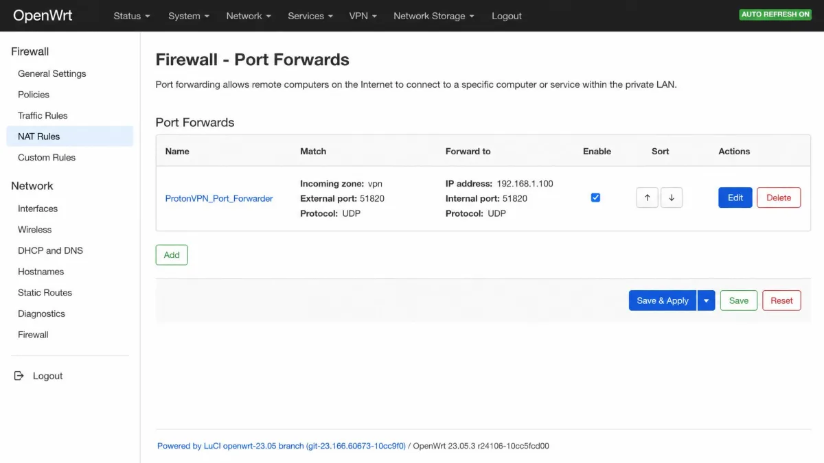 OpenWRT LuCI Port Forwards page listing a ProtonVPN_Port_Forwarder rule from the vpn zone to a LAN device IP.